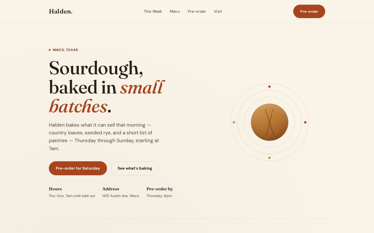 The bakery site an agent built unaided: cream and terracotta, a serif italic headline, a card wall